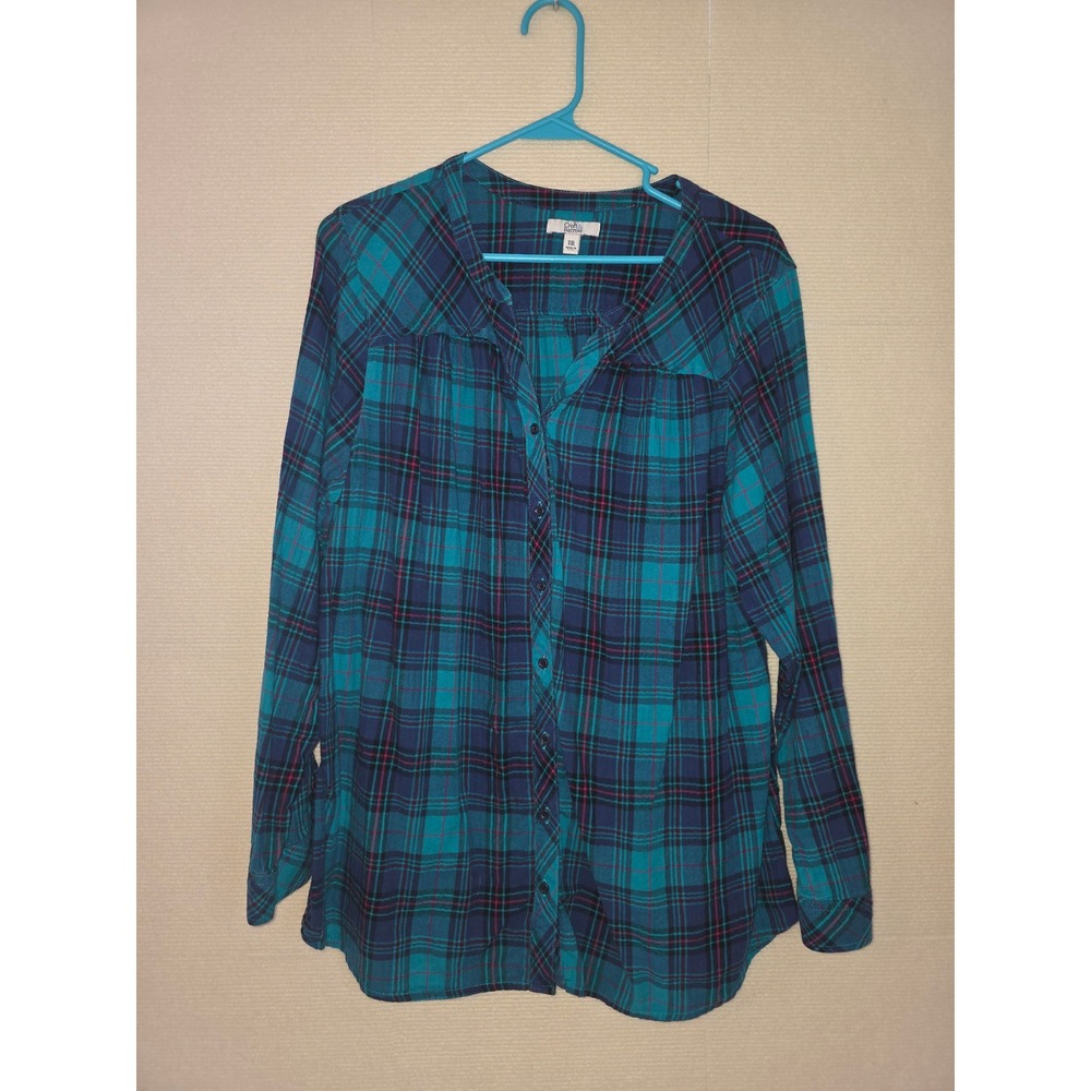 Croft & Barrow Womens XXL Teal Navy Pink Plaid Button Down Long Sleeve Shirt